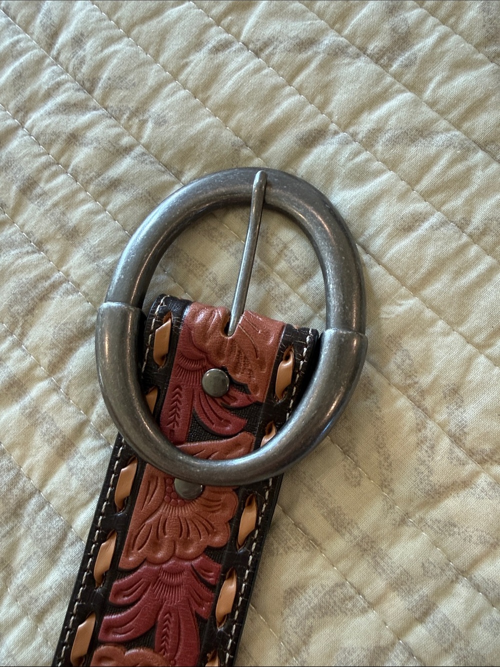 Roper Brown and Black Tooled Floral Leather Belt with Round Metal Buckle - Picture 2 of 9